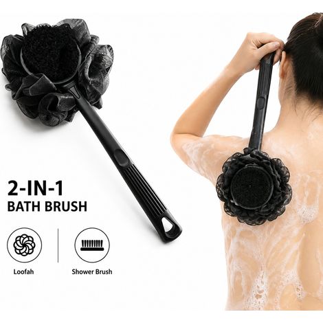 Gant de toilette 2 en 1 avec manche et brosse de douche, gant de toilette à manche long pour le dos, outil de nettoyage corporel à double face exfoliant pour hommes et femmes, 1 paquet (1/5)
