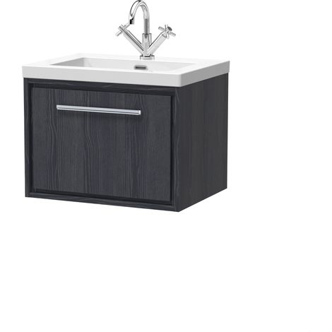 Longnor 1 Drawer Wall Hung Vanity Unit with 1 Tap Hole Modern Fireclay Basin, Woodgrain Graphite Grey, 600mm