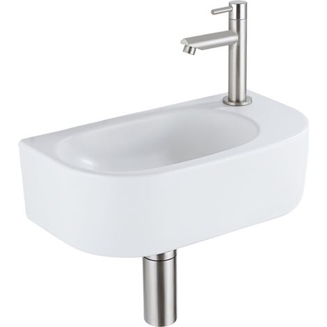 QeramiQ Fuente Ensemble lave-mains - 40x21.5x12cm - droite - lisse - semi-circulaire - 1 trou de robinet - céramique - robinet de lave-mains inox