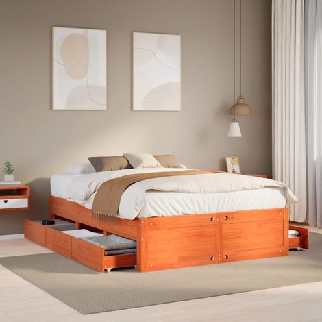 Bed Frame without Mattress with Drawers Wax Brown 150x200 cm King Size Solid Wood Pine vidaXL