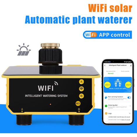 (2 prises normales) Minuteur d'arrosage solaire WiFi 1/2 prises, contrôle par application intelligente, système d'arrosage automatique, outil d'arrosage extérieur (1/4)