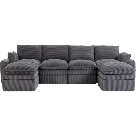 Sofá modular de 4 plazas en pana gris oscuro con 2 pufs, cojines y bolsillos laterales (1/5)