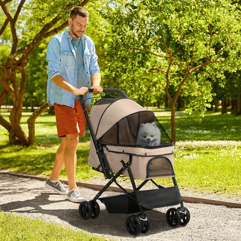 Poussette pour Chien et Chat, Pet Stroller Pliable – Oxford Beige Clair, Cadre Acier, Roues 360° avec Freins, Capacité 15 kg – 76,5 x 52 x 95 cm