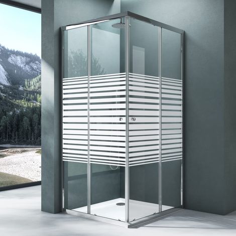 Mai & Mai Duschkabine Duschwand mit Doppel-Schiebetür 90x100 cm Eckeinstieg Echtglas Lotuseffekt ESG-Sicherheitsglas Milchglasstreifen mit Magnetverschluss R16MS Plus