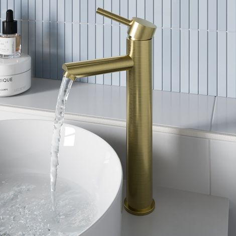 High Rise Tall Basin Mixer Tap for Countertop Round Mono Brushed Brass (1/5)