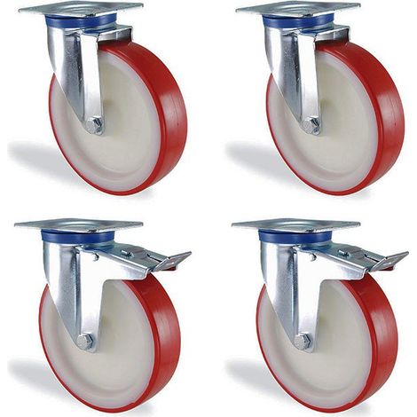 Lot roulettes pivotantes et pivotantes à frein polyuréthane rouge diamètre 150mm charge 1200kg (1/2)
