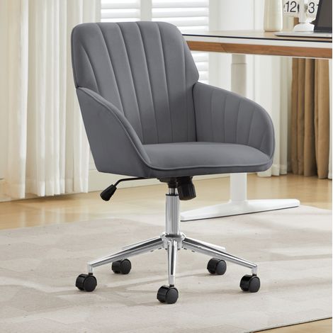 Chaise de bureau en velours gris, pivotante 360°, hauteur réglable 50-59 cm, assise rembourrée 11 cm (1/5)