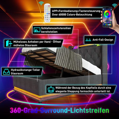 Lit 1 place 90x200 cm gris lin, sommier coffre hydraulique, tête de lit rembourrée avec charge USB-C, éclairage LED 360° (commande bouton/App/télécommande), matelas inclus