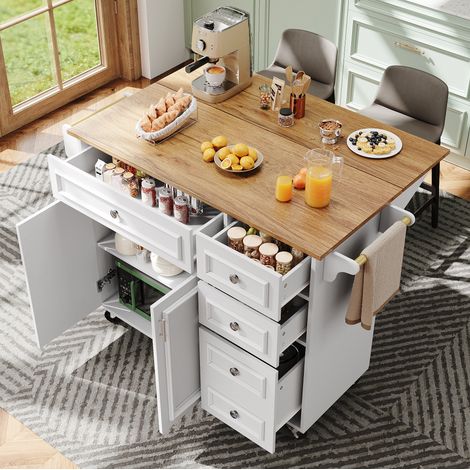 Kücheninsel(110×45-75×92cm),Modernes Küchensiland, Küchenschrank, Abnehmbare Servierwagen buffetschrank, Speisewagen mit Vintage-Muster, buffetschrank, Multifunktionale Esstisch mit Speicherraum,weiß (1/5)