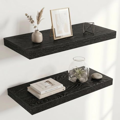 Étagère Murale en Bois, Profondeur Extra de 25 cm, Longueur 60 cm, Tablette Murale pour Salon, Salle de Bain, Chambre, Cuisine, Noir, Lot de 2 (1/5)