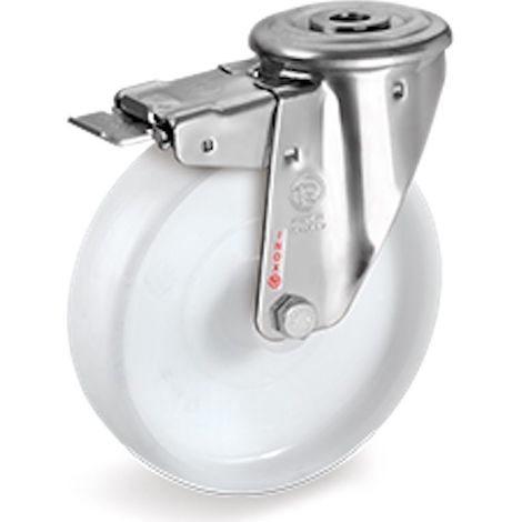 Roulette à oeil INOX pivotante à frein diamètre 100 mm roue polyamide blanc - 150 Kg (1/2)