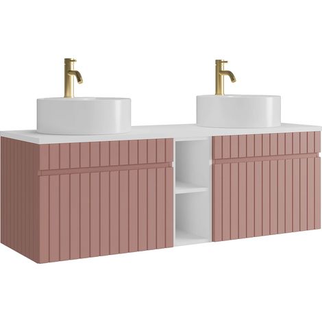 Mobile bagno sospeso scanalato con nicchie e doppio lavabo da appoggio rotondo e rubinetto Rosa L140 cm - SATARA (1/5)