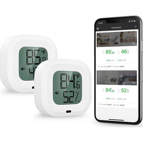 Bluetooth 5.0 Thermometer Hygrometer, 2pcs Wireless App Control Genaues Temperatur- und Feuchtigkeitsmessgerät, Sensormonitor mit Bildschirm, Taste, Alarmfunktion für iOS/Android