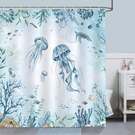 Rideau de douche 180×180 cm – motif méduses, tortues et océan bleu – style bord de mer – anti-moisissure et imperméable – polyester lavable – 12 crochets inclus (1/5)
