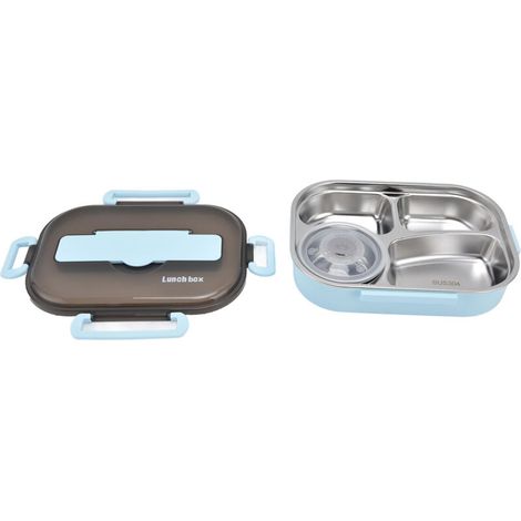 Boîte à lunch portable pour enfants en acier inoxydable 304, boîte bento à quatre compartiments avec bol à soupe, baguettes et cuillère (bleue) (1/5)