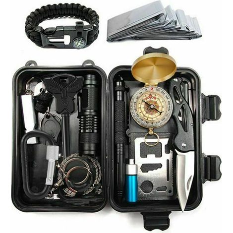 Überlebensset – 25-teilig – Für Camping, Wandern und Notfälle im Freien – Tragbare, kompakte Tasche – Enthält Erste-Hilfe-Set, Filterstrohhalm, Feuerstarter, Decke und Multifunktionswerkzeug (1/5)