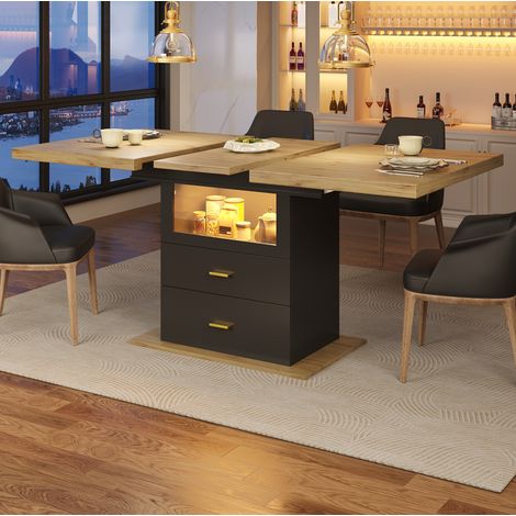 Table à manger extensible 110/140 x 80 x 75 cm effet bois avec LED et 2 tiroirs (1/5)