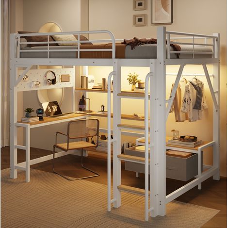 Letto a soppalco 140x200 cm con scrivania, contenitori, LED, USB, metallo e MDF bianco (1/5)