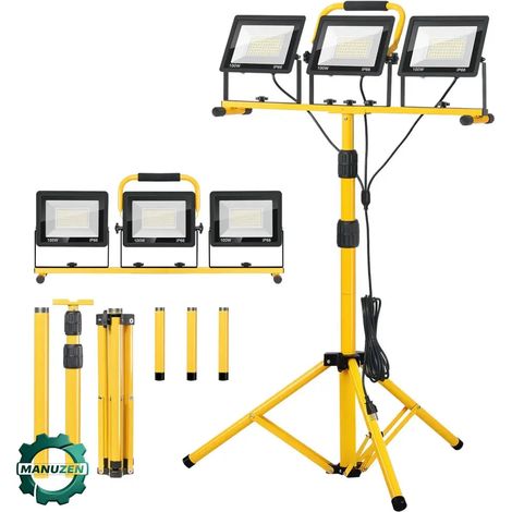 Manuzen - Projecteur de chantier LED 300 W – 3 lampes sur support – 3 lampes de 100 W – 300W (1/3)