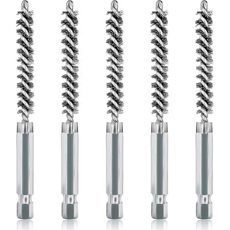 Lot de 5 brosses de nettoyage en acier inoxydable de 8mm avec poils en acier inoxydable pour perceuse électrique, brosse métallique abrasive avec tige hexagonale de 6,35 mm (1/5)