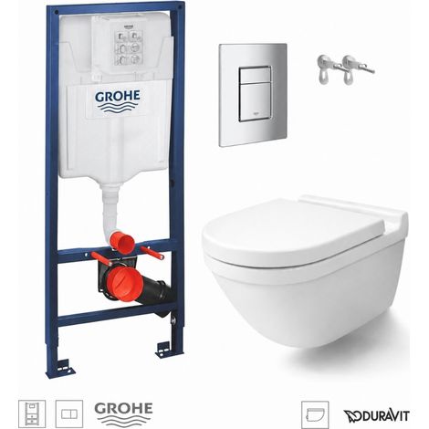 Pack WC inodoro suspendido con bastidor GROHE rapid c/pulsador cromo brillante c/wc Starck 3 blanco brillo suspendido Rimless Duravit (1/4)