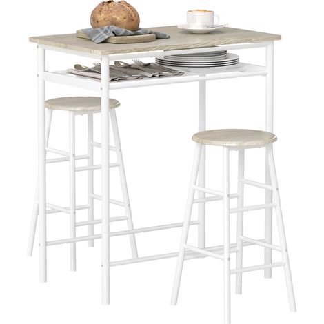 Ensemble bar de style nordique en bois avec comptoir et 2 tabourets hauts, étagère et repose-pieds, blanc (1/4)