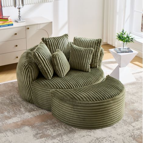 Poltrona da lettura rotonda 168x123x63 cm, con 5 cuscini, seduta morbida, chenille, verde smeraldo (1/5)