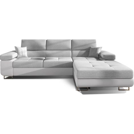 Canapé d'angle convertible appuis-tête réglables KALIZO - Coffre et pieds acier chromé angle droit-Blanc/Gris clair-angle droit (1/5)