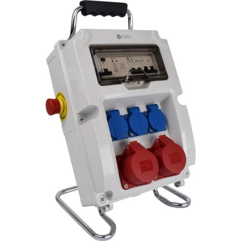Coffret de chantier triphasé 400V avec 3 prises 16A à clapet – Interrupteur différentiel 40A – Support métallique et poignée de transport – Nalto