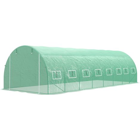 Serre tunnel jardin 24m² acier galvanisé bâche PE 16 fenêtres porte zippée enroulable 8x3x2m Vert