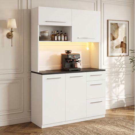 Buffet haut de cuisine, 120x40x180 cm, avec étagères réglables, prises USB et LED, en panneaux de particules, blanc (1/5)