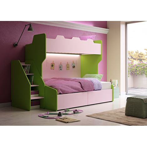 Letto a castello 3 posti con terzo letto estraibile e scaletta contenitore - Una piazza e mezza - Cipria e Verde petrolio (1/5)