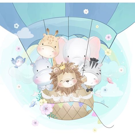 Papier peint panoramique Enfants - Animaux Montgolfière - 390 cm x 390 cm (1/2)