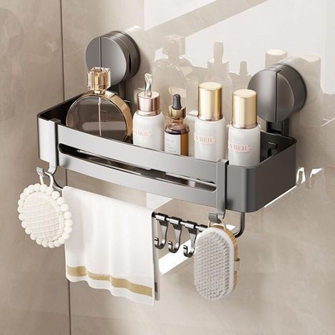 Étagère de Douche à Ventouse Puissante 32 cm Etagere Ventouse Salle de Bain, Porte-Shampoing Amovible Antirouille avec Porte-serviettes et 4 Crochets Installation Sans Perçage, Capacité 10 kg (1/5)