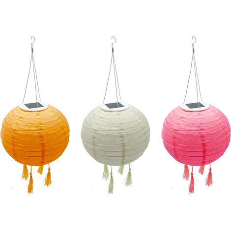 Lot de 3 lampions solaires - LUMISKY - SHANGRI LA - H20 cm - Rose, creme et orange - LED blanc chaud (1/5)