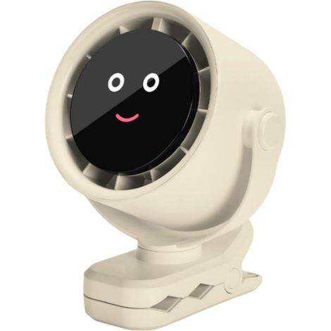 Ventilateur sans pales à pince USB-C, 5 vitesses, batterie 4000mAh, rotation 360°, design sourire, ABS noir, pour bureau et extérieur (1/4)