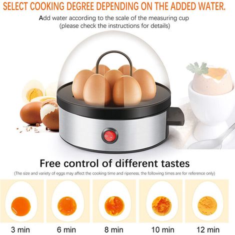 Stainless steel electric egg cooker – 1 to 7 eggs, overheat protection, indicator light, measuring cup + egg piercer, 380 W, black