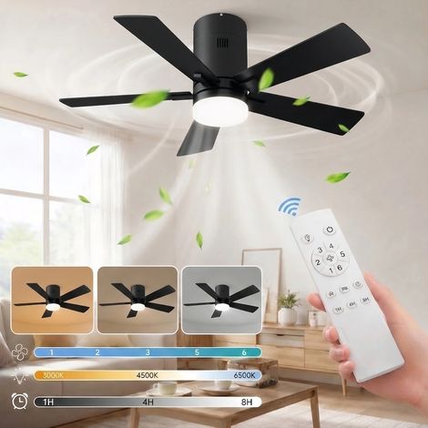 ADWOLT Ventilateur Plafond avec Lumiere et Télécommande-42"(107 cm)-5 pales -Dimmable, Silencieux,6 Vitesses, Minuterie, Silencieux,Noir (1/5)