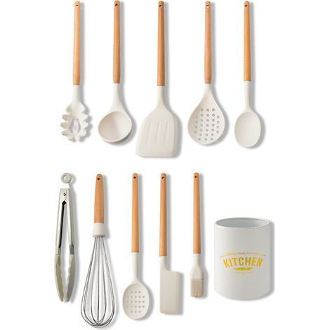 Lait blanc manche en bois Silicone ustensiles de cuisine ensemble 10 pièces ustensiles de cuisine spatule antiadhésive cuillère (1/5)