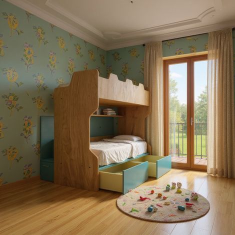 Letto a castello con scala contenitore e terzo letto estraibile - Cameretta salvaspazio - Quercia e verde petrolio