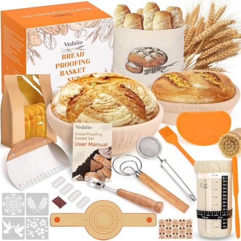 Kit Complet pour Pain au Levain – 2 Bannetons, Bocal 964 ml, Fouet, Racloirs, Lame, Tapis, Écharpe – Ensemble d'Outils (1/5)