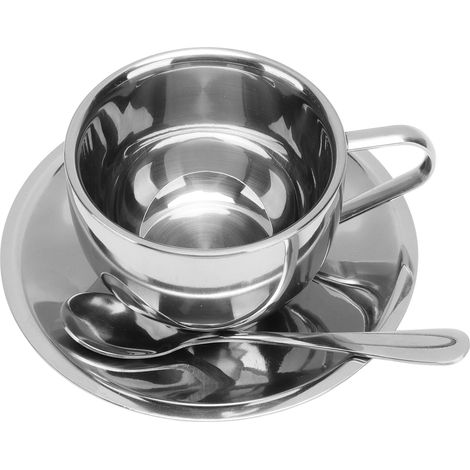 Ensemble tasse à café isotherme 180 ml en acier inoxydable 304 à double paroi avec soucoupe et cuillère. (1/5)