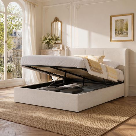 Letto contenitore 140x190 cm, Letto matrimoniale con vano contenitore e sollevamento idraulico, testiera imbottita trapuntata, Rivestimento in tessuto di lino, stile moderno ed elegante, Beige (1/5)