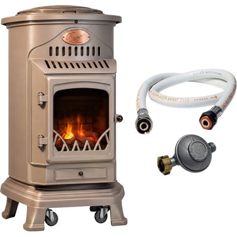 Universal – Poêle à gaz 3,4 kW en fonte véritable – Couleur marron miel – Détendeur butane et tuyau inclus – Pour espaces de 40-80m²