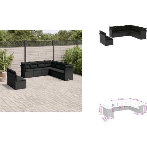 Salon de jardin 9 pcs avec coussins noir résine tressée - Canapé De Jardin - Salon De Jardin - Mobilier Extérieur - Résine Tressée - Poly Rotin (1/3)