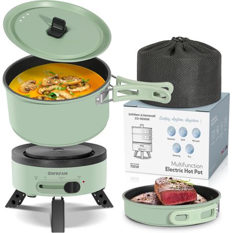 ENFRIFAM Elektrische Multipfanne Elektrische Hot Pot, Multikocher, Elektrische Pfannen, Campingkocher 700,00 W, Fondue Set, Ideal für Büro Wohnheime Hotels Reisen Wohnwagen-grün(2 st pot)