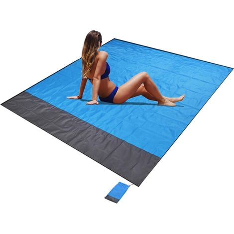 Beach Blanket Mat  Extra Large 210 x 200cm Water Resistant Sand Proof Picnic Blanket with 4 Stakes for 4-6 Adults  Summer Essentials Outdoor Blanket for Travel Camping Hiking Picnic (Blue) (1/5)