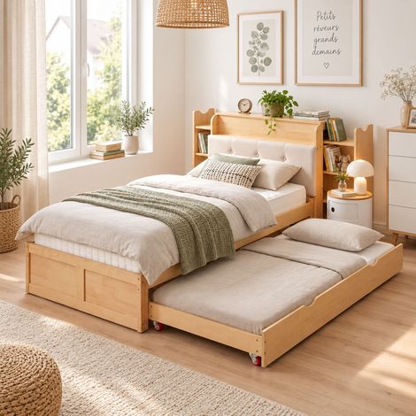 Lit gigogne extensible 90x200 à 180x200 cm en bois massif et MDF, tête de lit avec bibliothèque, lit d’appoint sur roulettes, bois naturel (1/5)