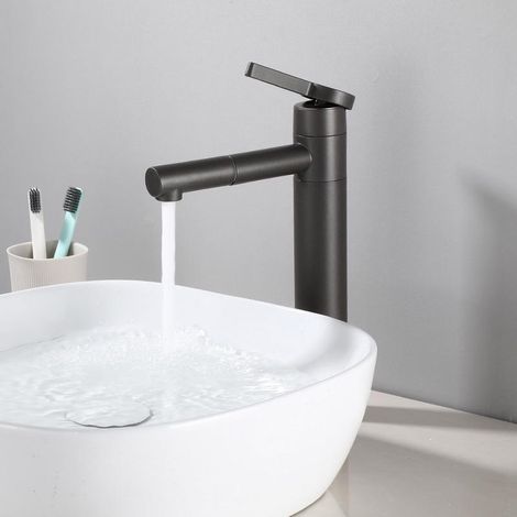 Robinet Salle de Bain Mitigeur Lavabo Haut Bec Pivotant pour Vasque Robinetterie en 360° Acier Inox Noir (1/3)