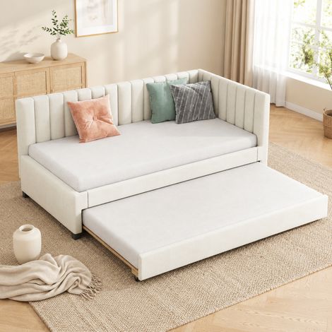 Letto divano 90x200 cm beige in velluto imbottito con letto estraibile e rete a doghe (1/5)